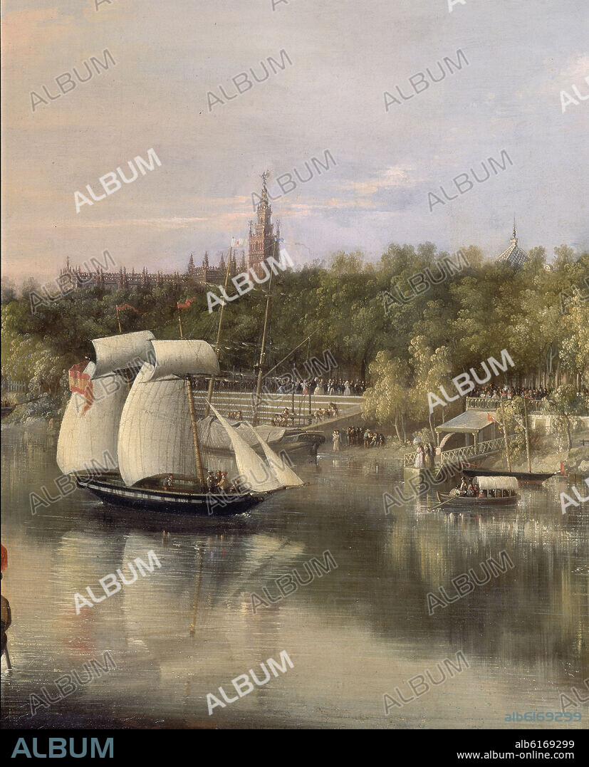 MANUEL BARRON Y CARRILLO (1814-1884). EL GUADALQUIVIR A SU PASO POR SEVILLA 1851-DET BARCOS Y EMBARCADERO.