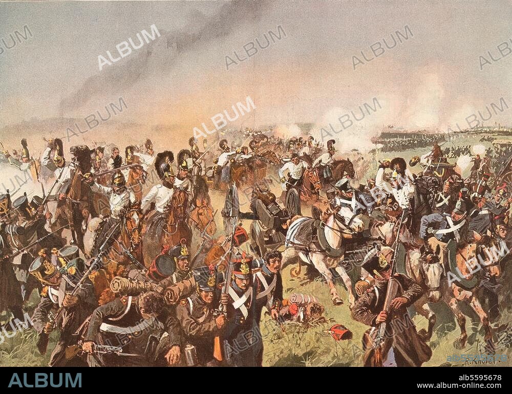 Wars of Independence 1813-15 / Battle of Hainau on 26 May 1813 (The Prussians led by Blücher defeat the French led by Maison). "Victory of Blücher's cavalry near Haynau". Colour print, c. 1900, after Richard Knötel (1857-1914).