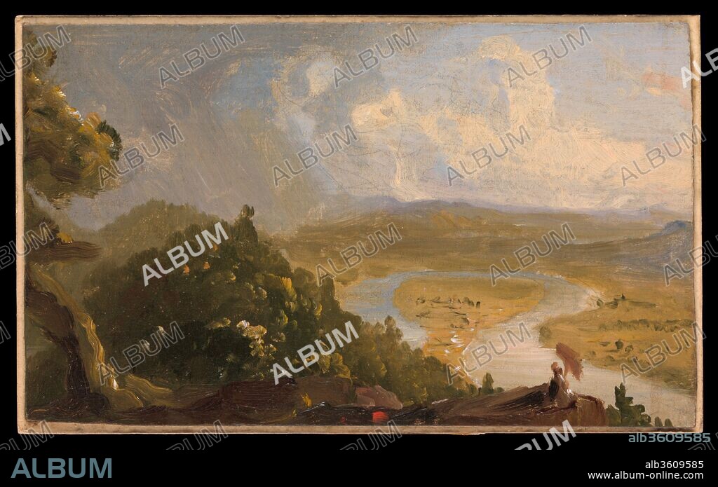 Sketch for View from Mount Holyoke, Northampton, Massachusetts, after a Thunderstorm (The Oxbow). Artist: Thomas Cole (American, Lancashire 1801-1848 Catskill, New York). Dimensions: 5 1/2 x 9 3/8 in. (14 x 23.8 cm). Date: 1836.
Cole inspired many of his colleagues, including his most important student, Frederic Edwin Church, to take up plein-air painting or sketching in pencil or oils. For Cole, the act of sketching outdoors went hand in hand with the close study of nature and was an essential tool in the creation of a significant studio painting. For The Oxbow, Cole made a pencil sketch on site and later painted this small oil sketch in his studio as he worked to establish the composition, color balance, and internal rhythm of the scene. A squiggle of paint at the lower right appears almost human--perhaps a first suggestion of the artist's presence in the landscape, as seen in his self-portrait in the final canvas (acc. no. 08.228).