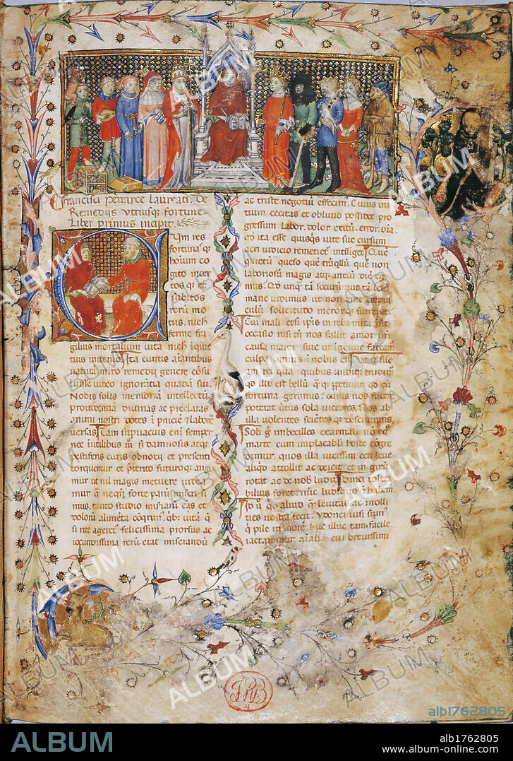 De remedijs utrusque fortunae title page with Petrarch in throne surrounded by characters, by Master of Latin Codex 757, field of, 1480-1499 about, 14th Century, parchment and paper codex, mm 298 x 121. Italy, Lombardy, Milan, Braidense National Library. From the De remedijs utrusque fortunae by Francesco Petrarca. Whole of the page. Incipit garlands flowers red manuscript miniated codex. Authorization required for non editorial use.