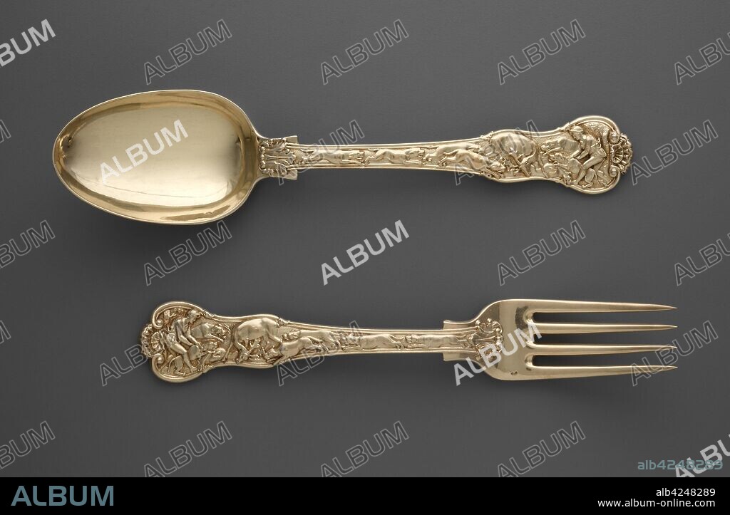 Dessert Fork and Spoon with Hunt Scenes, c. 1822. Paul Storr (British, 1771-1844). Gilt silver; overall: 21.1 x 3 x 3 cm (8 5/16 x 1 3/16 x 1 3/16 in.).