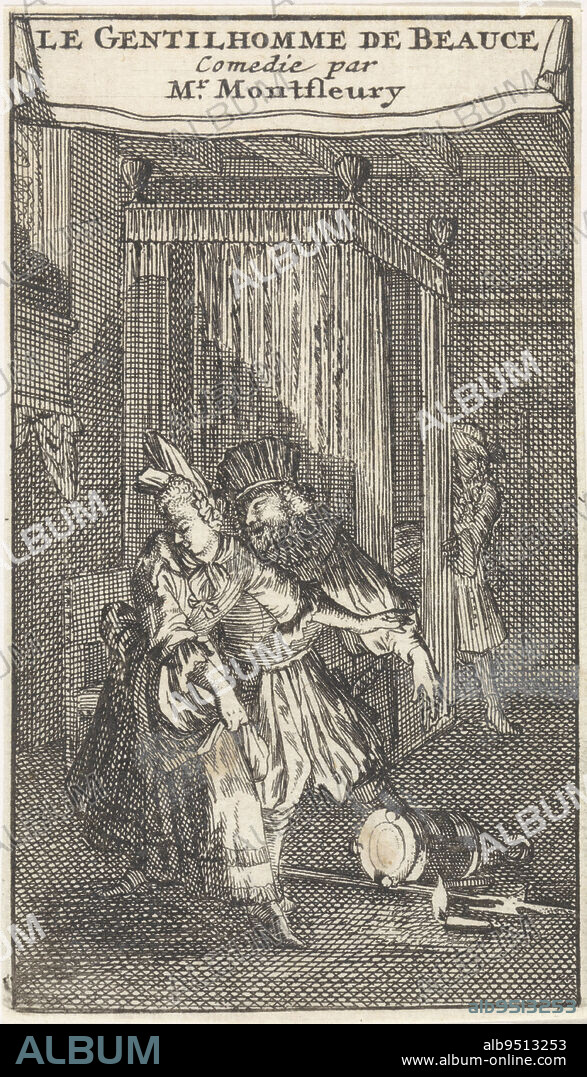 Beatrix and Le Basque, dressed as a Swiss, are spied by Monsieur de Coutre-ville as they embrace each other Title page for the play 'Le Gentilhomme de Beauce' by A.J. Montfleury, 1698, print maker: Caspar Luyken, publisher: Adriaan Braakman, Amsterdam, 1698, paper, etching, h 117 mm × w 66 mm.
