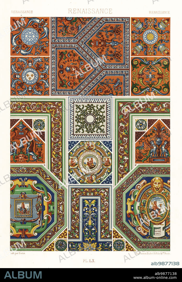 Renaissance art: enamelled tiles. Pentagonal tiles 1-3, square tiles 4-8, inlaid pavements 9-14 and single tiles 15-18 from the Chateau de Polisy, Aube. Hand-finished chromolithograph by Pralon from Albert-Charles-Auguste Racinets LOrnement Polychrome, (Polychromatic Ornament), Firmin-Didot, Paris, 1869-73.