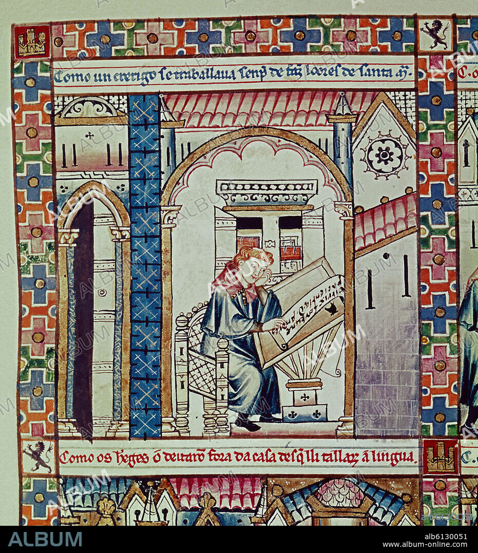 ALFONSO X DE CASTILLA EL SABIO. MTI1-CANTIGA STA MARIA- Nº156-F212R-CLERIGO HACIENDO LOORES A LA VIRGEN-VIÑETA A-S XIII.
