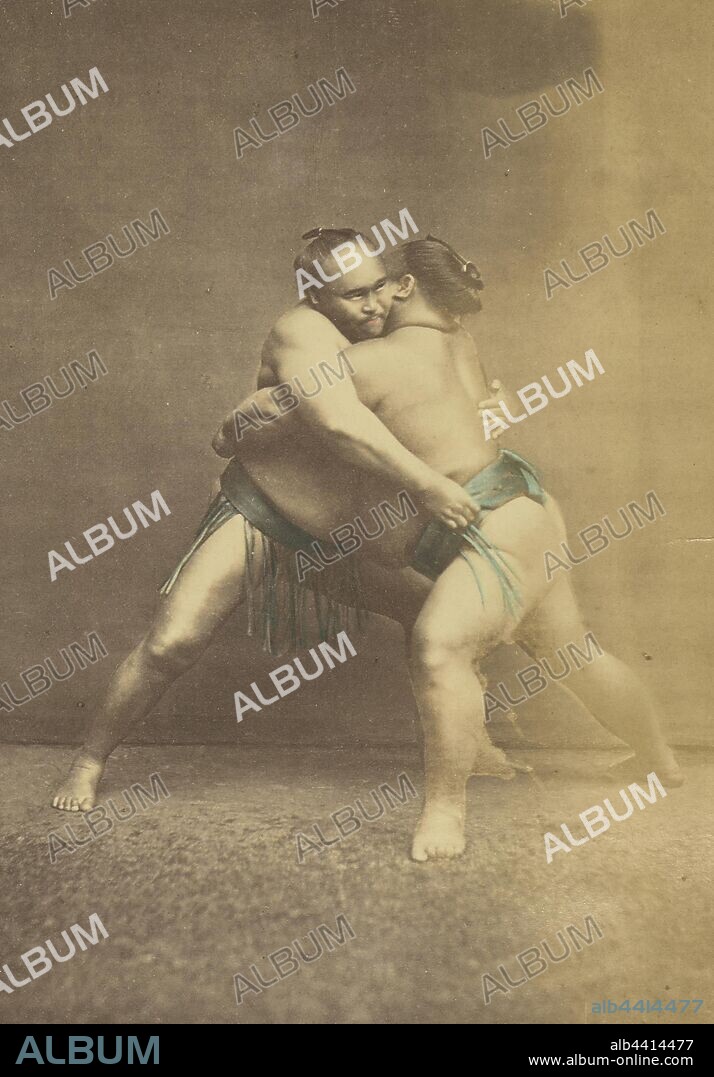 Two Japanese Sumo Wrestlers in Grappling Pose, Felice Beato (English, born Italy, 1832 - 1909), or Baron Raimund von Stillfried (Austrian, 1839 - 1911), Japan, 1868–1880, Hand-colored albumen silver print, 13.8 × 9.5 cm (5 7/16 × 3 3/4 in.).