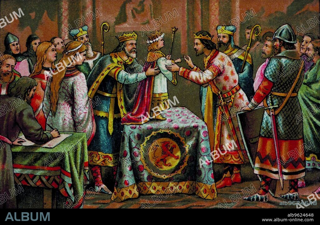 Engagement between the Count of Barcelona Ramon Berenguer IV and Petronilla of Aragon who is 2 years old, in 1137, colored engraving.