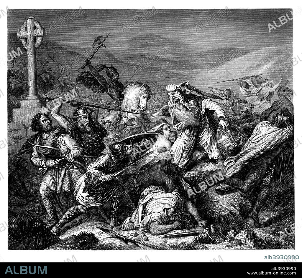 The Battle of Tours, 732 AD, (1875). Often called Battle of Poitiers, the battle at which the Frankish king Charles Martel (the Hammer) (c688-741), founder of the Carolingian dynasty and grandfather of Charlemagne, stopped the Islamic advance into Western Europe from Spain. Martel is the figure on the white horse, battle-axe raised, beside the stone cross.