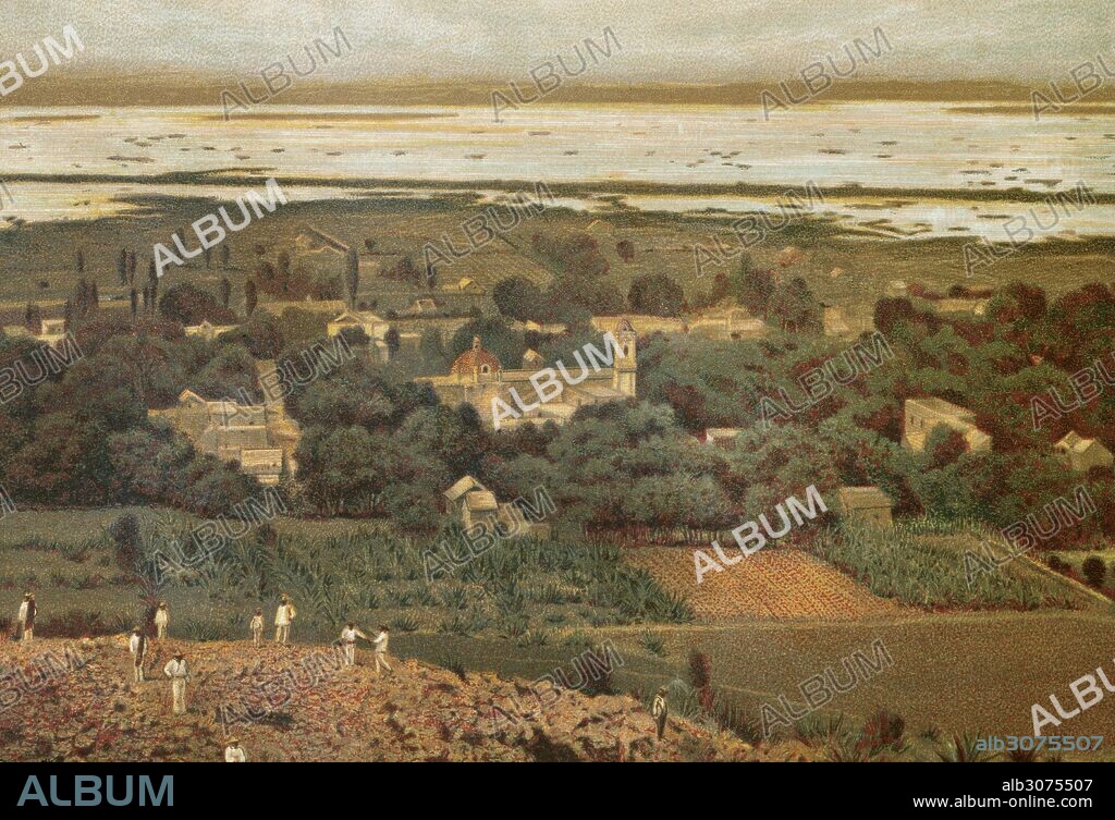 HISTORIA DE MEXICO. ESTADO DE MEXICO. "LAGO Y POBLACION DE CHALCO. Con sus campos de cultivos diversos y peones trabajando en primer término". Su economía estaba basada en los cultivos de maiz, alfalba, cebada y remolacha. Litografia del año 1880.