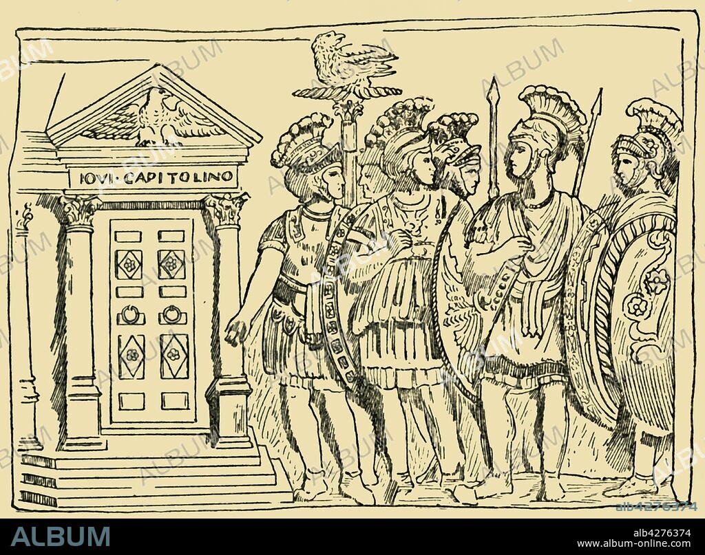 'Soldiers of the Famous Praetorian Guard at Rome', c1930. Roman soldiers and  standard-bearer holding an aquila standard. From the Praetorians Relief, a Roman marble relief dated to c51-52 AD and housed in the Louvre-Lens museum in Lens, northern France. From "The World's Story, a Simple History for Boys and Girls", by Elizabeth O'Neill. [T. C. & E. C. Jack, London & Edinburgh, c1930].