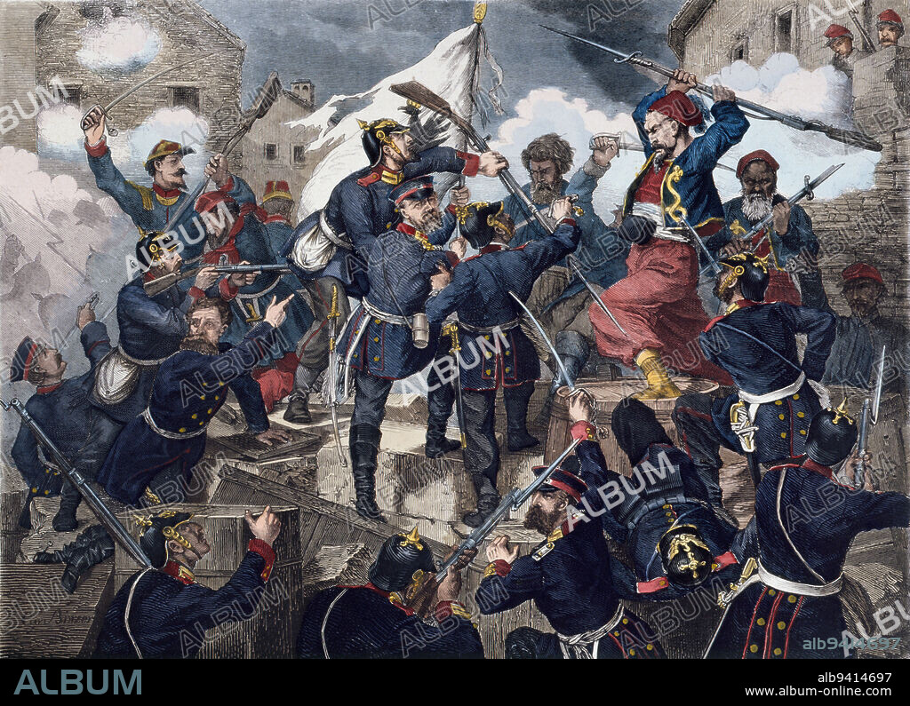 no. 13. / General Budrisski, commander of the II. Gardedivision on the barricade of Le Bourget on October 30, 1870., Binzer, Carl de, Baron, Engraver, Gustav Weise, Editor, Paul Bette, Editor, En 18701871, Print, Graphic arts, Print, woodcut, Colored, Stuttgart, Berlin, Dimensions - Work: Height: 31.5 cm, Width: 46.5 cm, Dimensions - Montage: Height: 32.4 cm, Width: 48.5 cm.