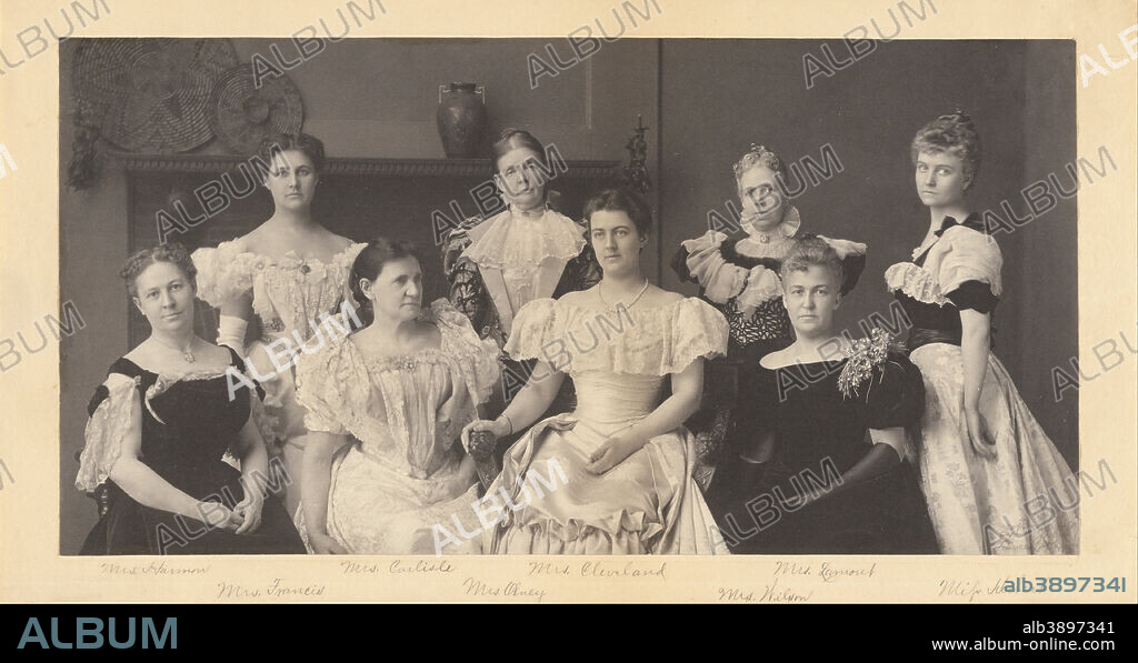 FRANCES BENJAMIN JOHNSTON. [Mrs. Grover Cleveland and the Wives of Members of President Grover Cleveland's Cabinet]. Date/Period: 1897. Print. Platinum. Height: 170 mm (6.69 in); Width: 329 mm (12.95 in).