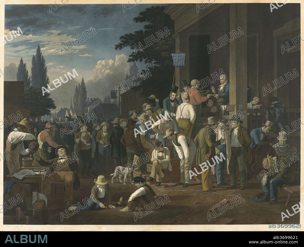 JOHN SARTAIN AFTER GEORGE CALEB BINGHAM. The County Election. Dated: 1854. Dimensions: image: 56.5 x 76 cm (22 1/4 x 29 15/16 in.)  sheet: 60.3 x 81 cm (23 3/4 x 31 7/8 in.). Medium: hand-colored etching, stipple, line engraving, and mezzotint on wove paper.