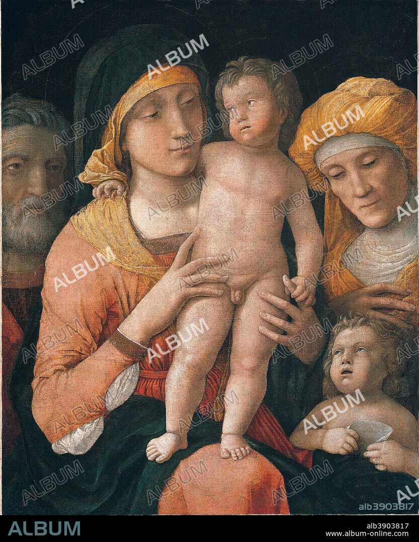 ANDREA MANTEGNA. The Madonna and Child with Saints Joseph, Elizabeth, and John the Baptist. Date/Period: Ca. 1485-88. Painting. Distemper, oil, and gold on canvas. Height: 62.90 mm (2.47 in); Width: 51.30 mm (2.01 in).