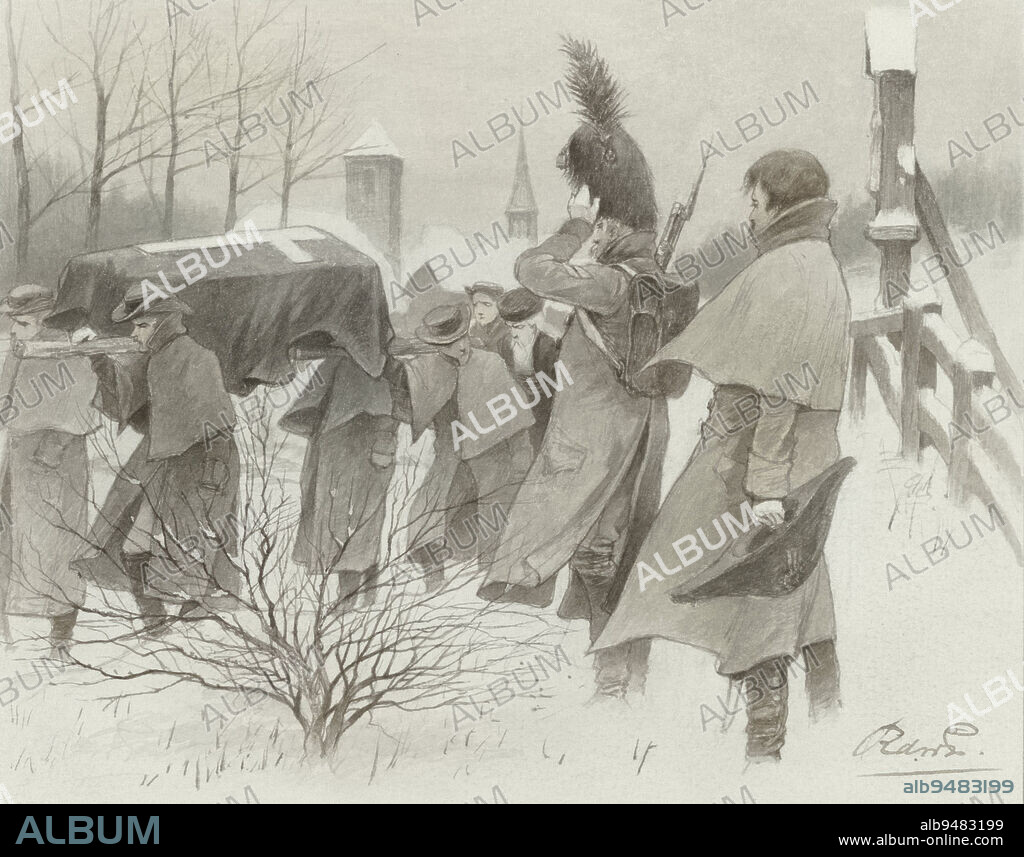 Design for a print, Design for illustration for The Colossus of the Nineteenth Century by P.J. Andriessen (Textill., p. 86), scene from the life of Napoleon., draughtsman: George Lodewijk de Wetstein Pfister, 1877 - 1942, paper, pen, brush, h 161 mm × w 231 mm.
