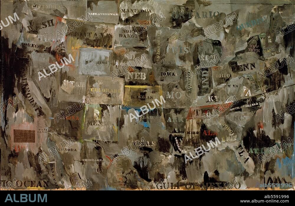 JASPER JOHNS. Johns, Jasper born 1930. "Map" (of America), 1962. Encaustics and collage on canvas, 152.4 × 236.2 cm. Gifted by Marcia Simon Weisman, Los Angeles, Museum of Contemporary Art.