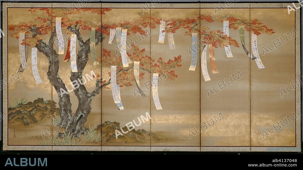 Autumn Maples with Poem Slips. Tosa Mitsuoki; Japanese, 1617-1691. Date: 1670-1680. Dimensions: 144 × 286 cm. Six-panel screen (one of pair); Ink, colors, gold leaf, and gold powder on silk. Origin: Japan.
