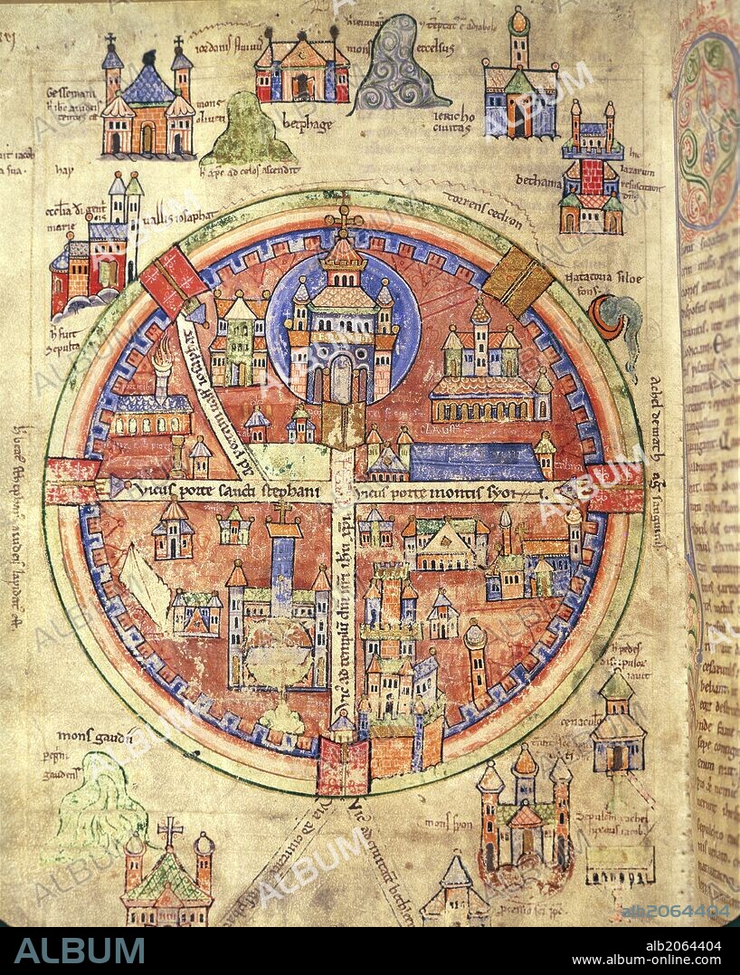 Map of Jerusalem, with the cities of Gethsemane, Jericho, Bethany, and Hebron, miniature from Robert the Monk's History of the first Crusade (Historia Hierosolymitana), by Robert le Moine, manuscript C 691, folio 39, verso. France, 13th century.