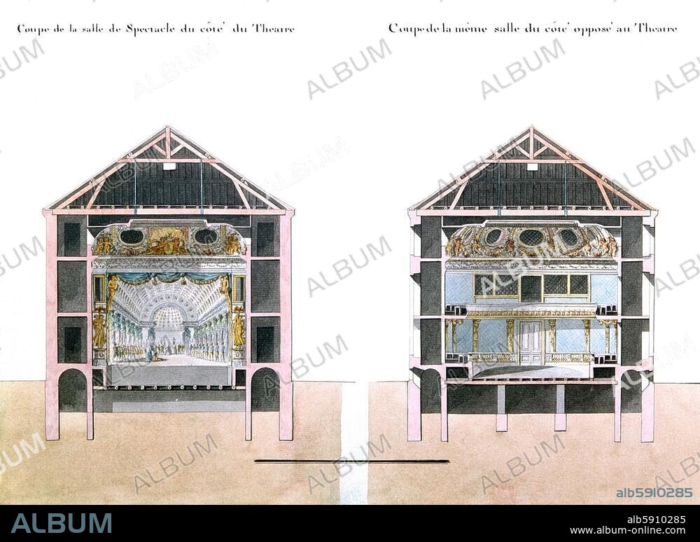 Versailles, Petit Trianon, Théâtre de la Reine (constr. 1780 pour Marie Antoinette ; arch. : Richard Mique). Coupes transversales de la salle de spectacle (du côté du théâtre et du côté opposé au théâtre). Dessin, 1786, de Richard Mique (1728-1794). De la série : Recueil des plans du Petit Trianon. Versailles, Château et Trianons.