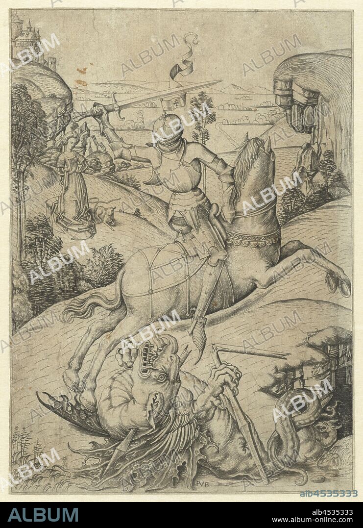 Saint George and the dragon, George on horse with a raised sword. Below him Dragon with a broken lance. Landscape in background with wife and lamb., St. George and the dragon: dressed in armor and mounted on a (white) horse he brandishes his sword (his lance lies already broken on the ground), the princess nearby may be shown praying or fleeing, Meester FVB (mentioned on object), Nederlanden, 1475 - 1500, paper, engraving, h 177 mm × w 126 mm.