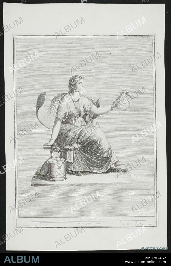 NICOLÓ BILLY EL JOVEN y CAMILUS PADERNI. Nicoló Billy el Joven (Grabador); Camilus Paderni (Dibujante) / 'Clio, Musa de la Historia'. Hacia 1757. Aguafuerte, Talla dulce: aguafuerte y buril sobre papel avitelado, 342 x 252 mm.