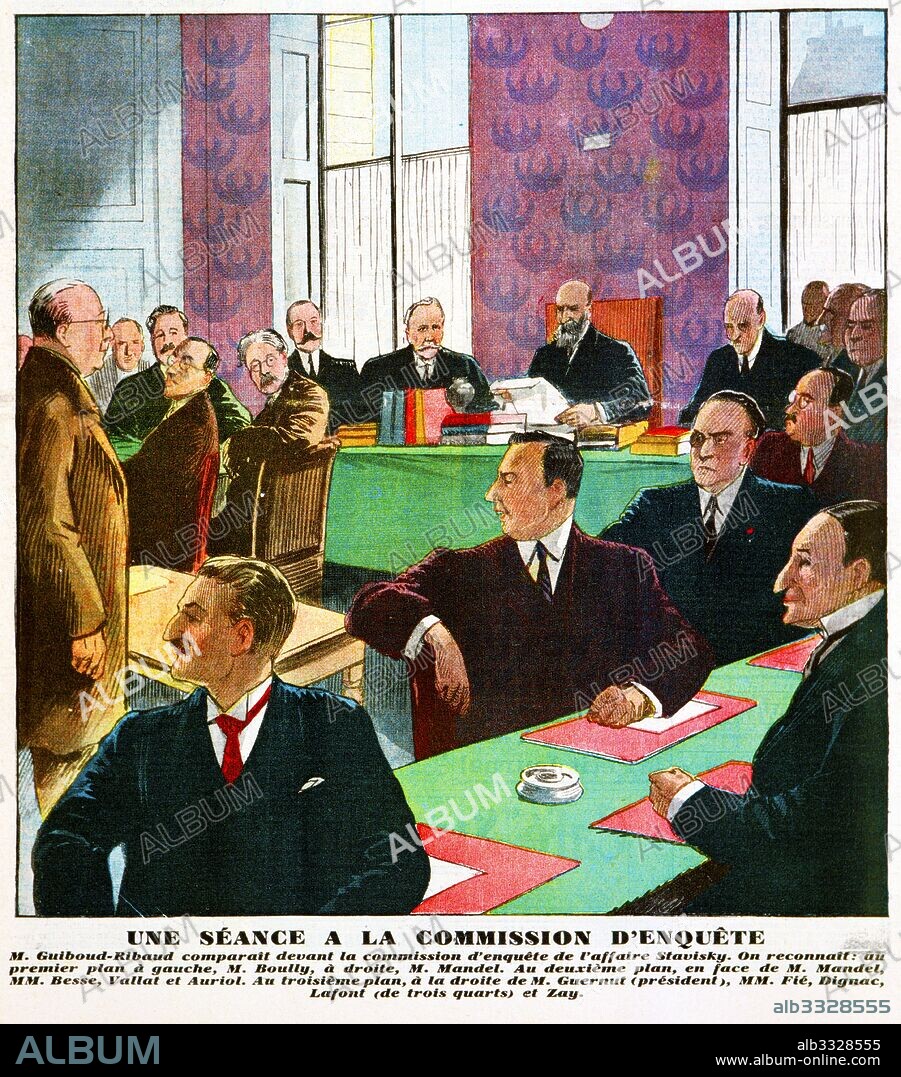 Magazine illustration showing a session of the commission of inquiry into the Stavisky Affair, Paris, France 1934. The Stavisky Affair was a 1934 financial scandal generated by the actions of embezzler Alexandre Stavisky. It had political ramifications for the French Radical Socialist moderate government of the day because the Prime Minister had protected Stavisky, who suddenly died in mysterious circumstances.