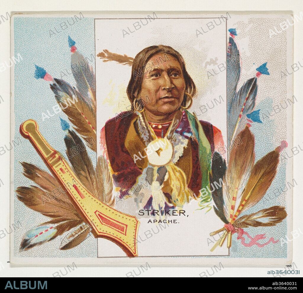 Striker, Apache, from the American Indian Chiefs series (N36) for Allen & Ginter Cigarettes. Dimensions: Sheet: 2 7/8 x 3 1/4 in. (7.3 x 8.3 cm). Publisher: Issued by Allen & Ginter (American, Richmond, Virginia). Date: 1888.
Trade cards from the "American Indian Chiefs" series (N36), issued in 1888 in a set of 50 cards to promote Allen & Ginter brand cigarettes. Series N36 reproduces the cards from N2 in a larger size.