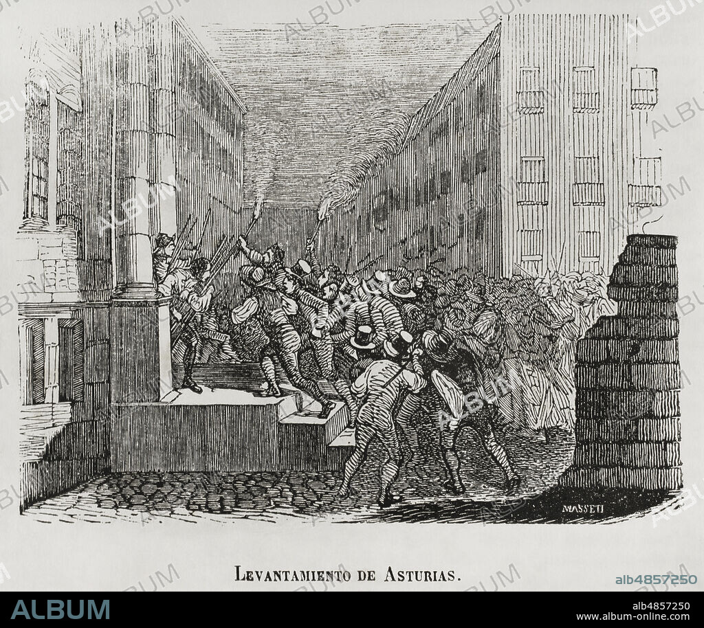 España. Asturias. Invasión napoleónica. Levantamiento de Asturias (15 de mayo de 1808). El pueblo asturiano se sublevó contra las autoridades de la audiencia y la junta general del principado que querían acatar las órdenes del mariscal Murat que llegaban de Madrid. El 25 de Mayo millares de asturianos venidos de muchos lugares asaltaron la fábrica de armas de Oviedo y tomaron la ciudad. Constituyeron un nuevo órgano de gobierno, la Junta Suprema, reconociendo la soberanía popular y declarando la guerra a Napoleón. Grabado. Historia del Levantamiento, Guerra y Revolución de España, por el conde de Toreno. Madrid,1852.