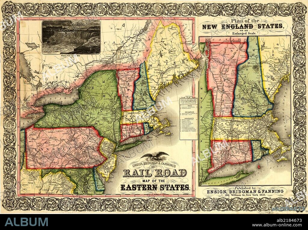 Map of New England, part of eastern Canada, New York, Pennsylvania, New Jersey, Delaware, most of Maryland, and part of Virginia. Shows drainage, some relief by hachure's, place names, and state boundaries. "Names of rail roads which are designated by numbers on the annexed 'Plan of the New England States'" appear at the right of the map.