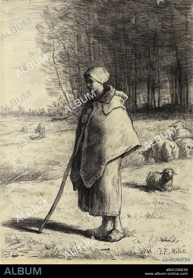 JEAN FRANCOIS MILLET. Shepherdess, leaning on a stick. Draughtsman: Jean François Millet. Dating: 1860 - 1869. Measurements: h 395 mm × w 293 mm.
