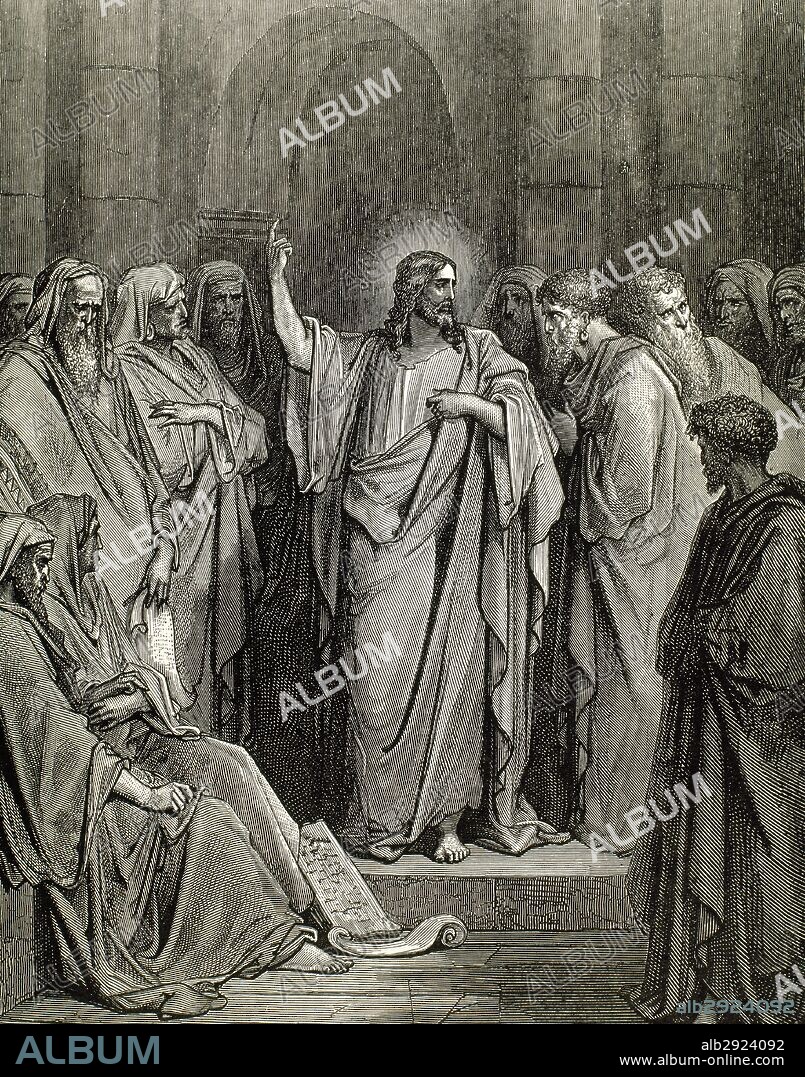 "JESUS EN LA SINAGOGA". San Lucas, capítulo IV, versículos 16 al 21). Grabado de Gustavo DORE.