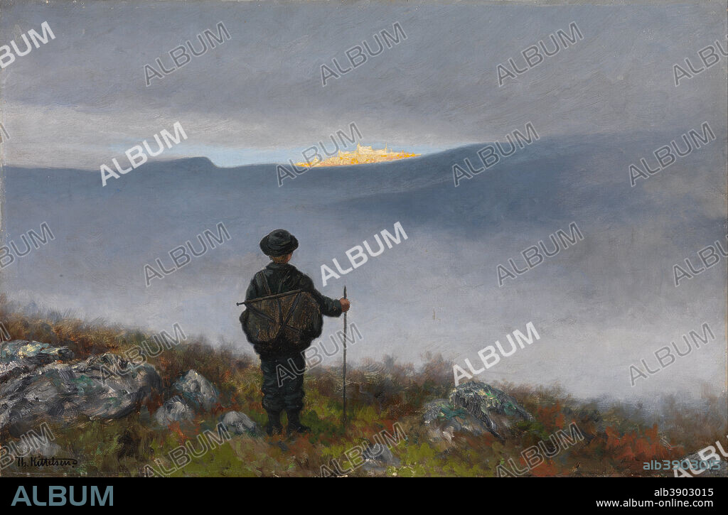 THEODOR KITTELSEN. Far, far away Soria Moria Palace shimmered like Gold. Date/Period: 1900. Painting. Olje på lerret. Width: 68.5 cm. Height: 45 cm.