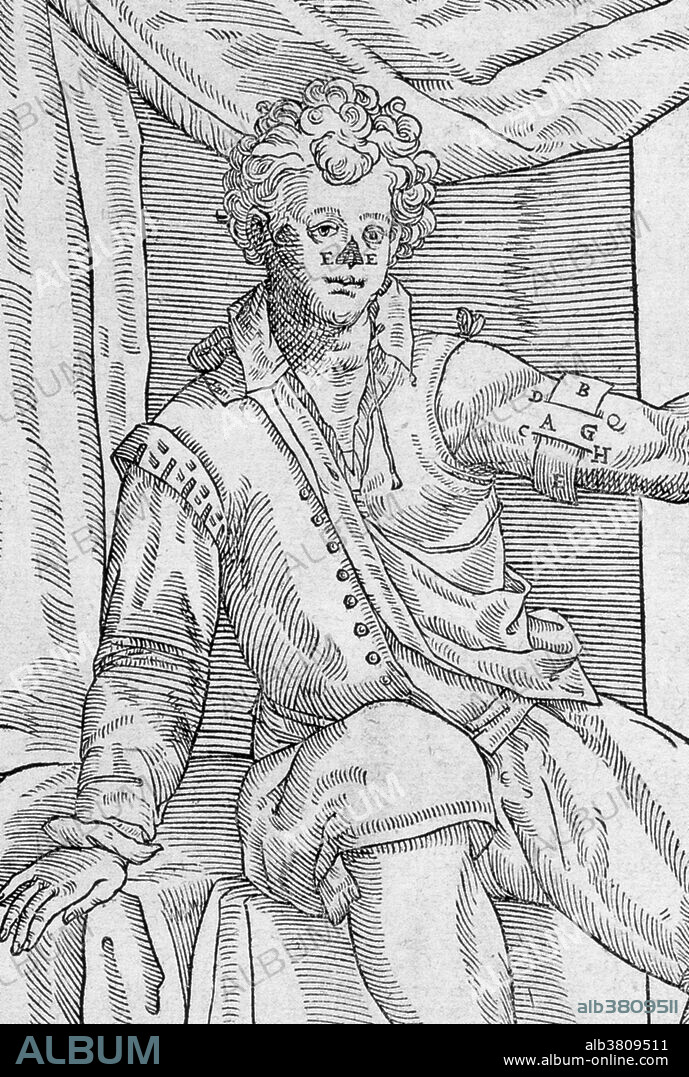 One of Gaspare Tagliacozzi's methods for replacing a missing nose.  Here we see how the incised skin flap will be lifted free from the flesh (A, G) with a bandage strip (B, E).  Gaspare Tagliacozzi (1547-1599) was an Italian plastic surgeon.  Although reconstructive surgery had been practiced for years, with documented procedures in ancient India, Tagliacozzi popularized the field of plastic surgery, and particularly rhinoplasty, in the 16th century.  His book on plastic surgery, in which this illustration appears, is called De Curtorum Chirurgia Per Institionem (1597).  Image 2 of 6.  Full series: BU3958, BU3959, BU3960, BU3961, BU3962, BU3963.