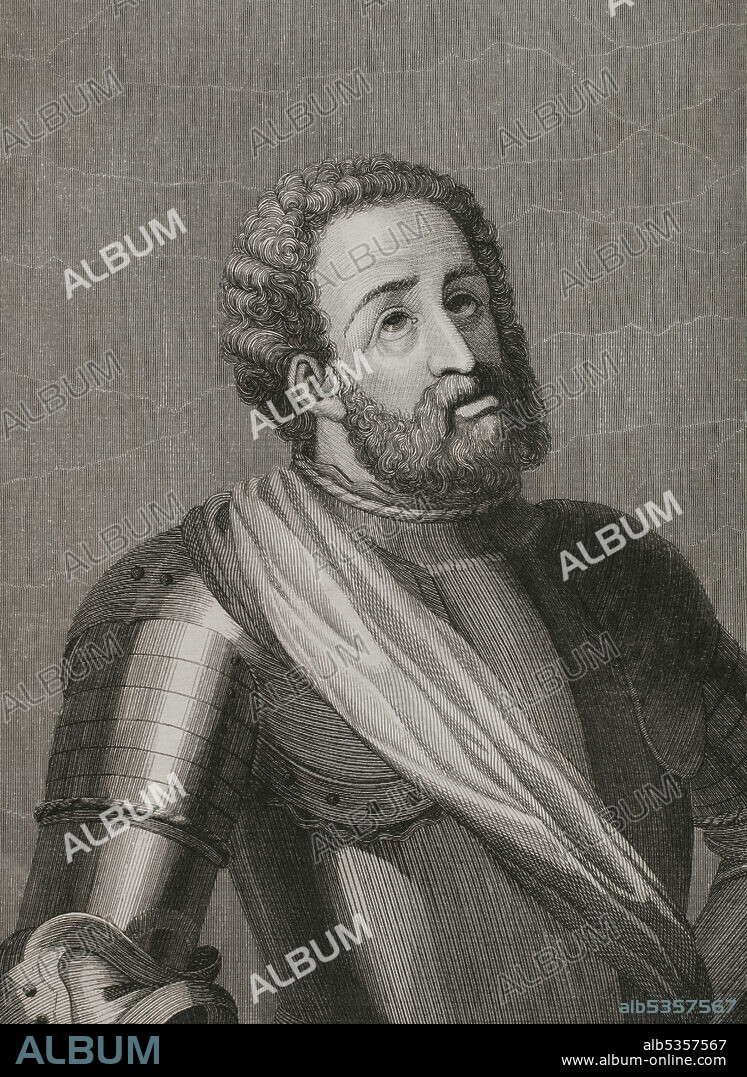 ANTONIO ROCA SALLENT (1814-1864). SPANISH ENGRAVER.. Rodrigo Díaz de Vivar, known as El Cid Campeador (c. 1043-1099). Castilian nobleman, knighted by the Infante Sancho. He took part in the battles of Llantada and Golpejera against Alfonso VI, and in the Siege of Zamora. Portrait. Engraving by Antonio Roca. Las Glorias Nacionales. Volume II, Madrid-Barcelona edition, 1853.