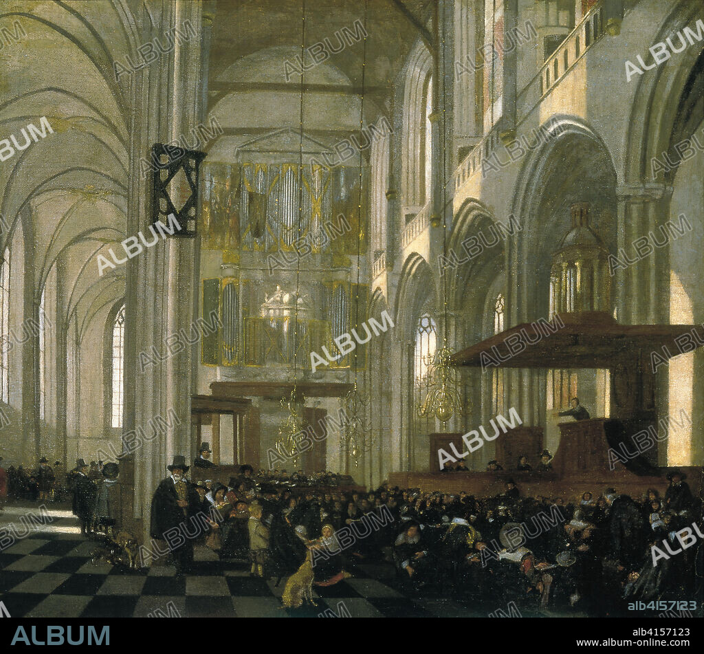 Emanuel de Witte (Alkmaar,  c. 1617-Amsterdam, 1691/1692). Interior de la Nieuwe Kerk en Amsterdam, durante el oficio (hacia 1658). Óleo sobre lienzo. 57,2 x 65,5 cm.