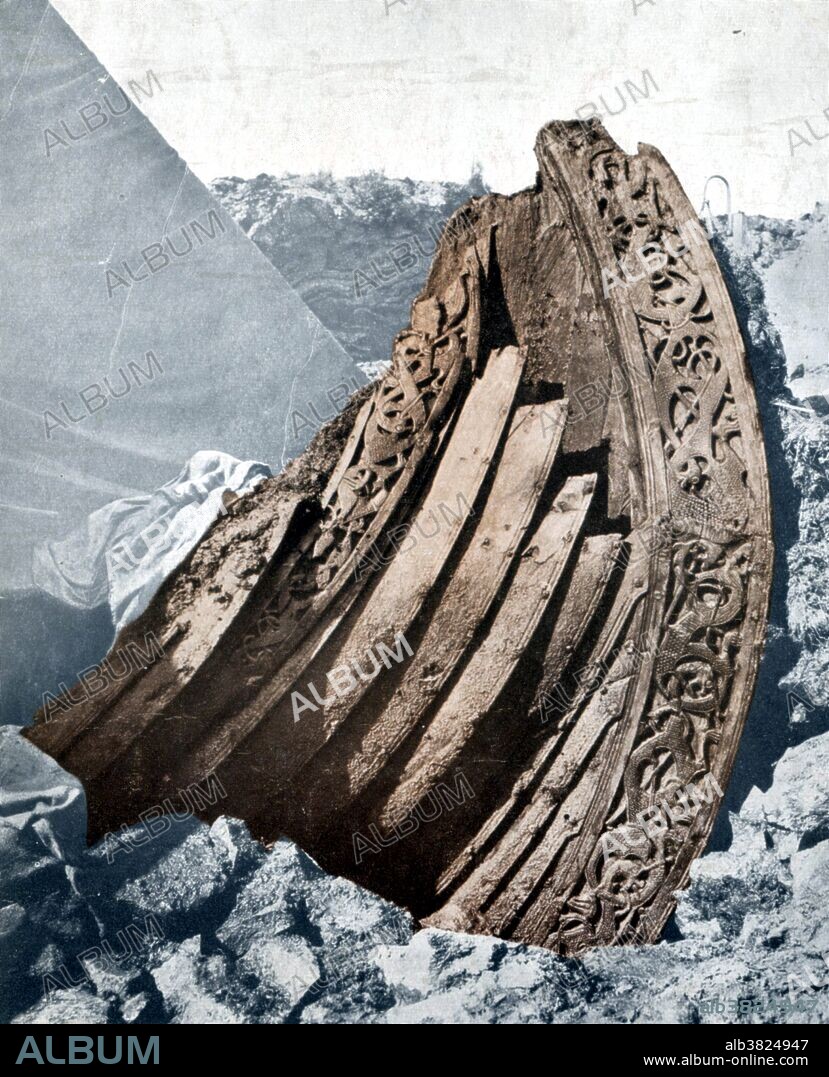 The Oseberg ship is a well-preserved Viking ship discovered in a large burial mound at the Oseberg farm in Norway. The ship's interment into its burial mound dates from 834 AD, but parts of the ship date from around 800, and the ship itself is thought to be older. This ship is widely celebrated and has been called one of the finest finds to have survived the Viking Age. It was excavated in 1904-1905 by a team of Norwegian and Swedish archeologists. The ship is a clinker built karv ship built almost entirely of oak. Clinker built is a method of boat building where the edges of hull planks overlap, called a land or landing. In craft of any size planks are also joined end to end into a strake. The technique developed in northern Europe and was successfully used by the Vikings. The bow and stern of the ship are elaborately decorated with complex woodcarvings in the characteristic "gripping beast" style.