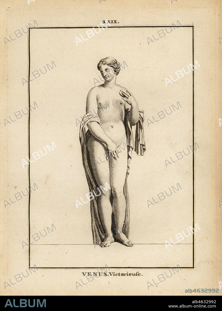 Statue of Venus Victrix, Roman goddess of love, beauty, sex and fertility. Copperplate engraving by Francois-Anne David from Museum de Florence, ou Collection des Pierres Gravees, Statues, Medailles, Chez F.A. David, Paris, 1787. David (1741-1824) drew and engraved the illustrations based on Roman statues, engraved stones and medals in the collection of the Museum de Florence and the cabinet of curiosities of the Grand Duke of Tuscany.