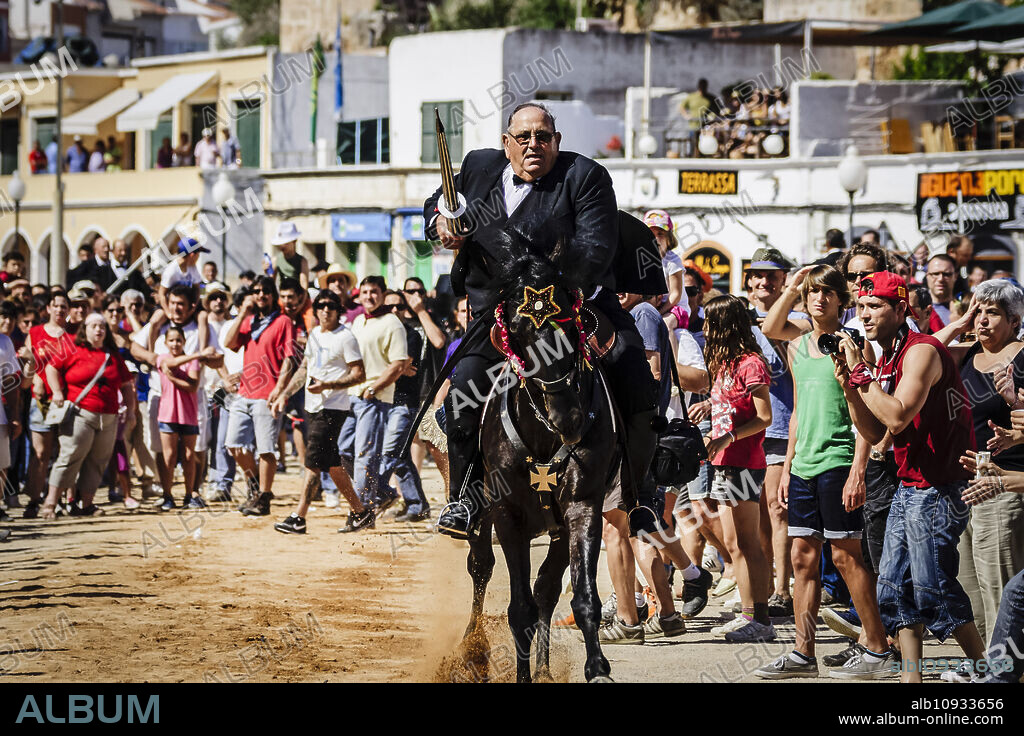 Pla games, galloping horsemen, Sant Joan festival. Ciutadella. Menorca, Balearic Islands, Spain.