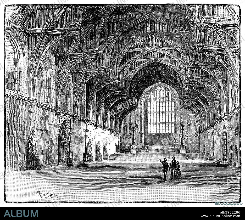 Westminster Hall, London, 1900. Interior of Westminster Hall, Houses of Parliament. Originally a Norman building, constructed between 1097-1099, Westminster Hall was rebuilt in the 1390s. The building has hosted a range of events over the centuries, including the trial of King Charles I and the coronation banquet of King George IV. It is also used for lyings-in-state of members of the Royal Family and, on rare occasions, great public figures, prior to state funerals. It is the oldest extant building on the Palace of Westminster site.