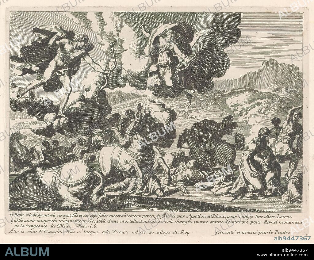 Calais and Zetes in combat with the Harpies, Metamorphoses of Ovid (series title), On the left, the blind king Phineus sits at a table. His food is constantly being stolen by Harpies. The two sons of the north wind Boreas, Calaïs and Zetes, chase the monsters through the air to help Phineus. The guests take flight. In the lower margin, a three-line explanation of the scene in French., print maker: Jean Lepautre, (mentioned on object), after own design by: Jean Lepautre, (mentioned on object), publisher: Nicolas Langlois (I), (mentioned on object), Paris, c. 1650 - 1703, paper, etching, height 168 mm × width 225 mm.
