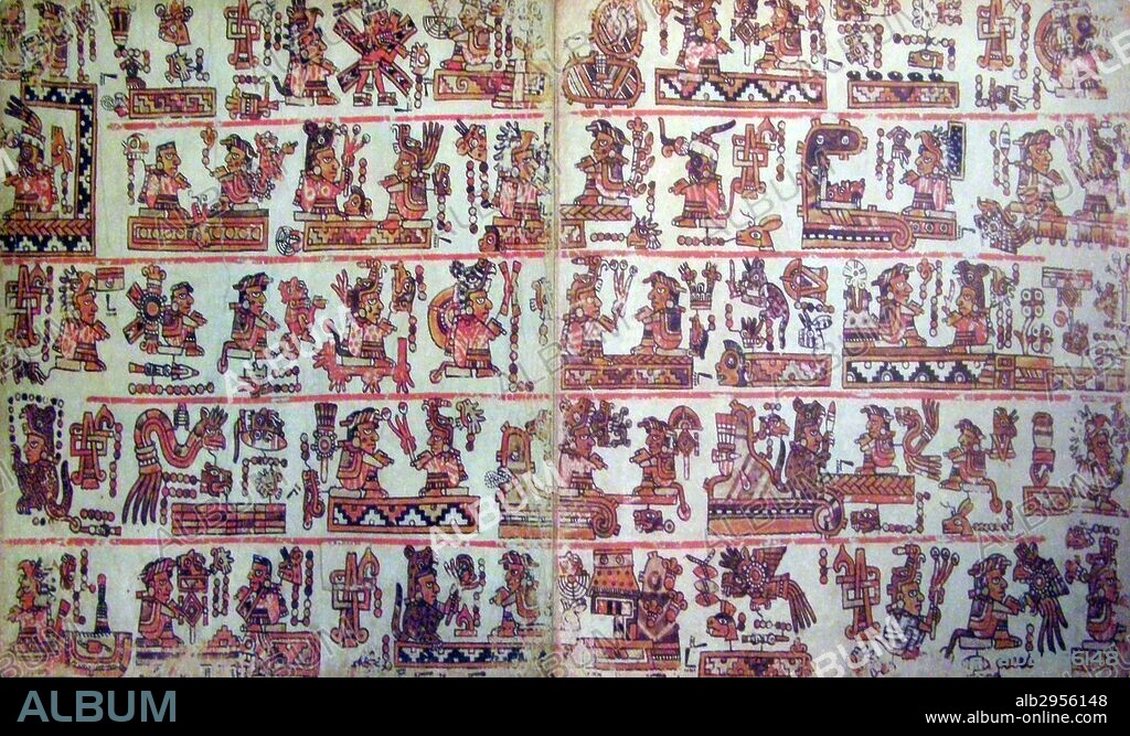The Bodley Codex, also known as the Codex Bodley, an important pictographic manuscript and example of Mixtec historiography. Named after the Bodleian Library. Dated 17th Century.