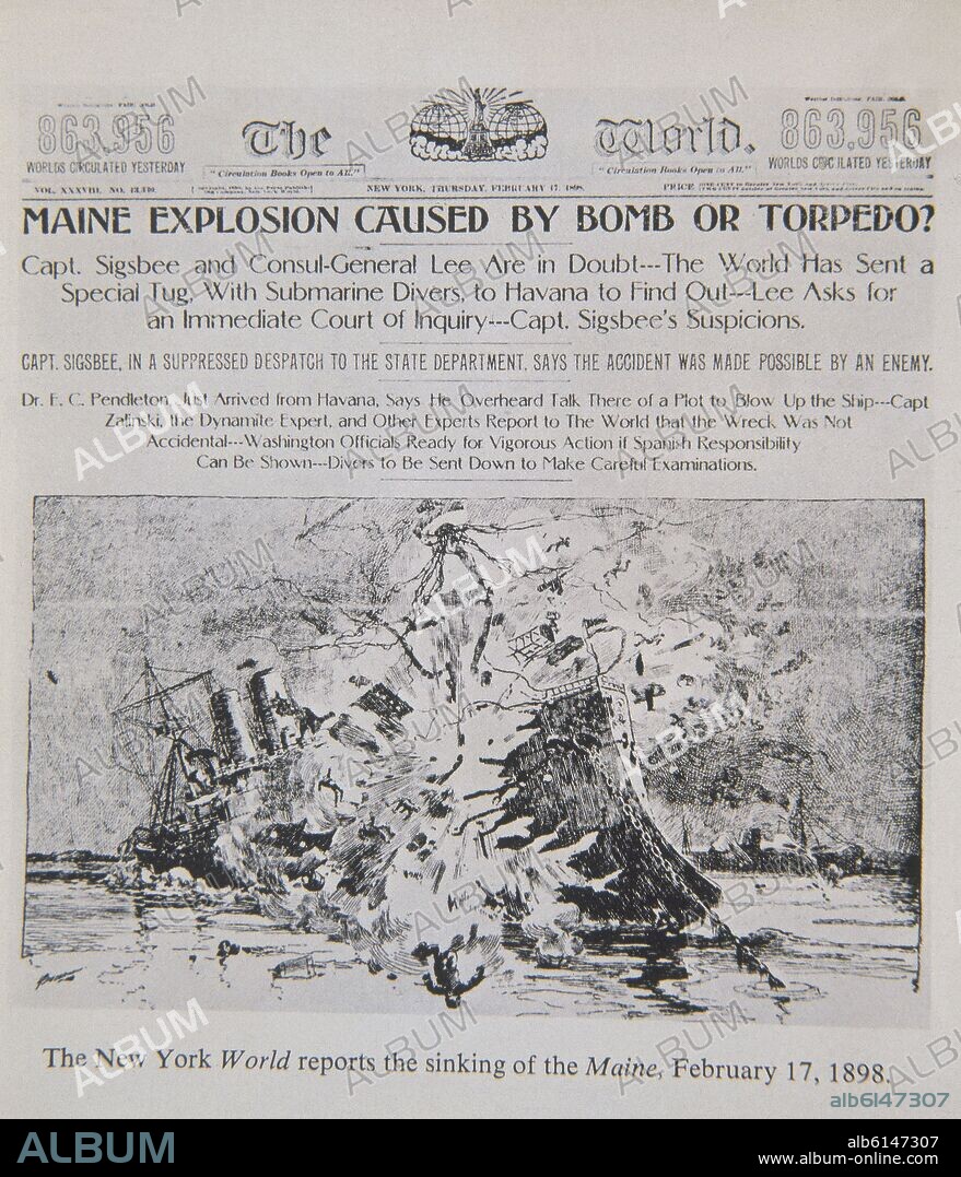 PERIODICO EL WORLD-¿EXPLOSION DEL MAINE POR UNA BOMBA O UN TORPEDO?-GUERRA DE CUBA 1898.