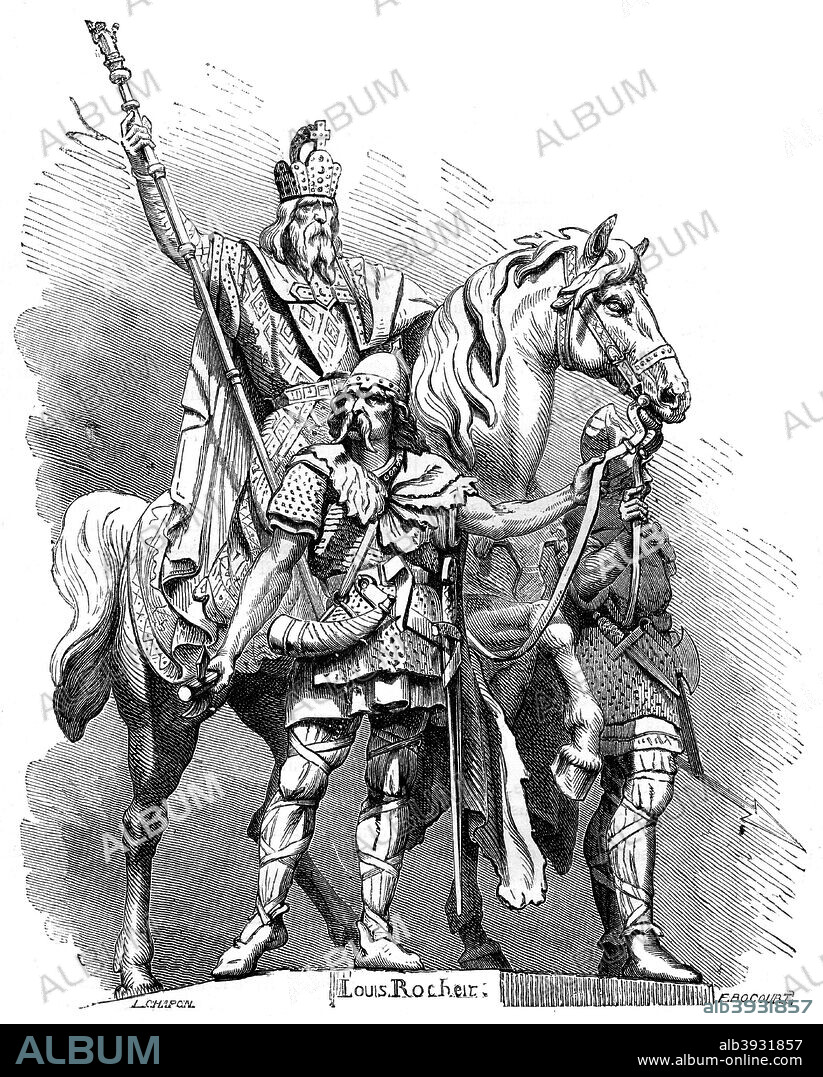 Statue of Charlemagne, King of the Franks and Holy Roman Emperor, 1882-1884. King of the Franks from 768, Charlemagne (c742-814) was crowned Emperor of the Romans in 800 AD by Leo III. His kingdom included almost all of western and central Europe. From a statue by Louis Rochet. A print from La France et les Français à Travers les Siècles, Volume I, F Roy editor, Saint-Antoine, 1882-1884.