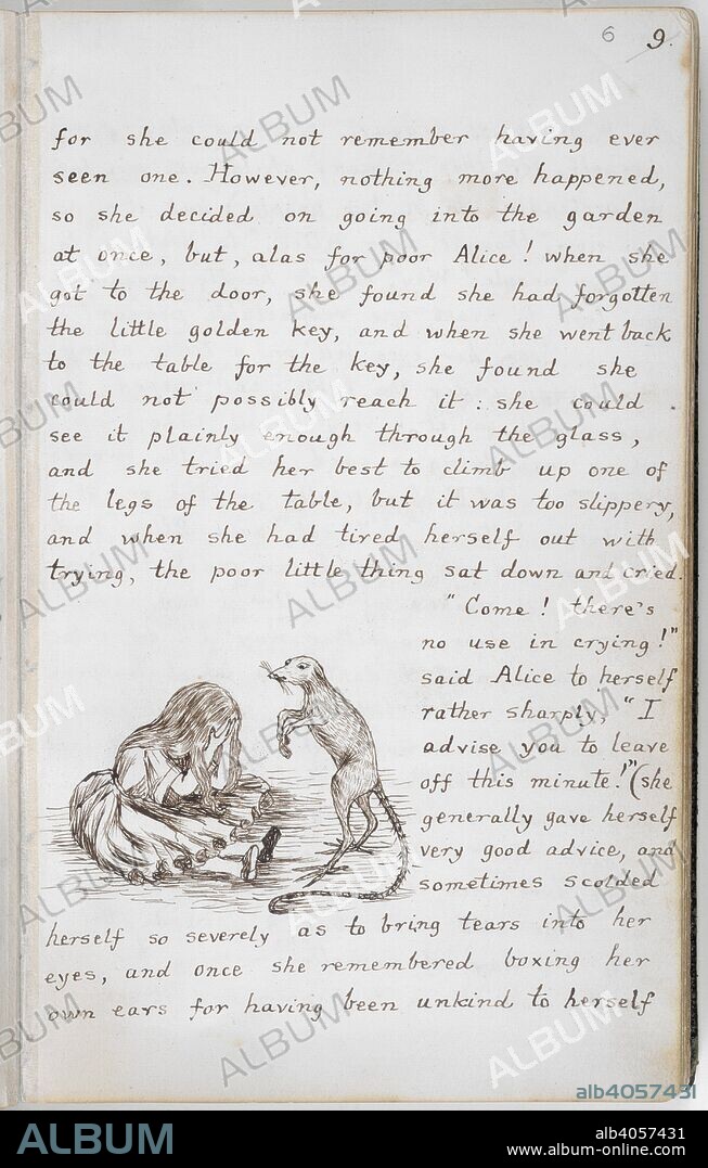 CHARLES LUTWIDGE DODGSON y DODGSON, CHARLES LUTWIDGE, PSEUD. LEWIS CARROLL. Alice sits and cries. Alice's Adventures Under Ground [in Wonderland]. England [Oxford]; 1862-1864. [Whole folio] Text and drawing from Chapter I: Alice sits down and cries, as, having shrunk, she cannot reach the gold key which opens the small door into the lovely garden  Image taken from Alice's Adventures Under Ground [in Wonderland].  Originally published/produced in England [Oxford]; 1862-1864. . Source: Add. 46700, f.6. Language: English.