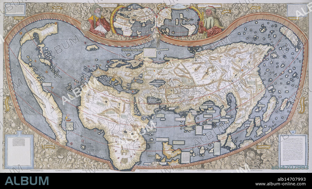 MARTIN WALDSEEMULLER. Map of the World, 1507. The map is accompanied by text explaining the use of the term 'America' to describe the continent of that name, and a Latin translation of the four journeys of Amerigo Vespucci. A small portrait of Vespucci appears at the top of the map.