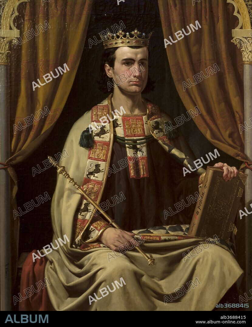 JOAQUÍN DOMÍNGUEZ BÉCQUER. Joaquín Domínguez Bécquer / "Retrato de Alfonso X el sabio", Óleo sobre lienzo, 1,14 x 0,92 m.