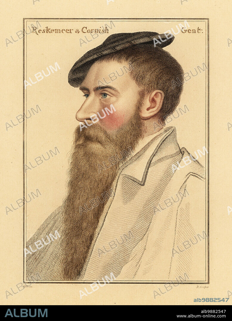 William Reskimer, a Cornish gentleman and courtier to King Henry VIII. (Mislabeled as his brother John Reskemeer.) Reskemeer a Cornish Gent. Handcoloured copperplate stipple engraving by Robert Cooper after a portrait by Hans Holbein the Younger from Imitations of Original Drawings by Hans Holbein, John Chamberlaine, London, 1812.