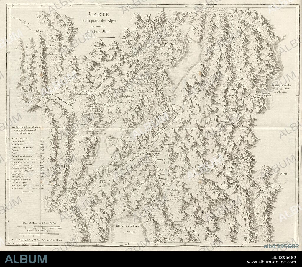Part of the Alps that adjoins Mont Blanc, Map of the Alps, Mont Blanc and the surrounding mountains, copperplate engraving, p. P. II (vol. 1), M. A. P. (fecit), 1779, Horace-Bénédict de Saussure, Voyages dans les Alpes, précédés d'un essai sur l'histoire naturelle des environs de Genève. Neuchâtel: Samuel Fauche, 1779-1796.