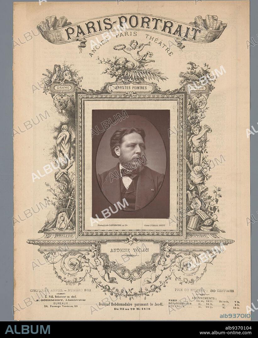 Portrait of Antoine Volon, Antoine Volon (title on object), Pierre Petit, Lemercier & Cie. (mentioned on object), c. 1873 - in or before 1880, paper, height 125 mm × width 90 mm.