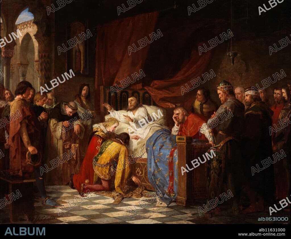 MANUEL FERRÁN Y BAYONA. Manuel Ferrán Bayona / 'Felipe III de Francia, moribundo, bendiciendo a sus hijos'. 1862. Óleo sobre lienzo, 133 x 172 cm.