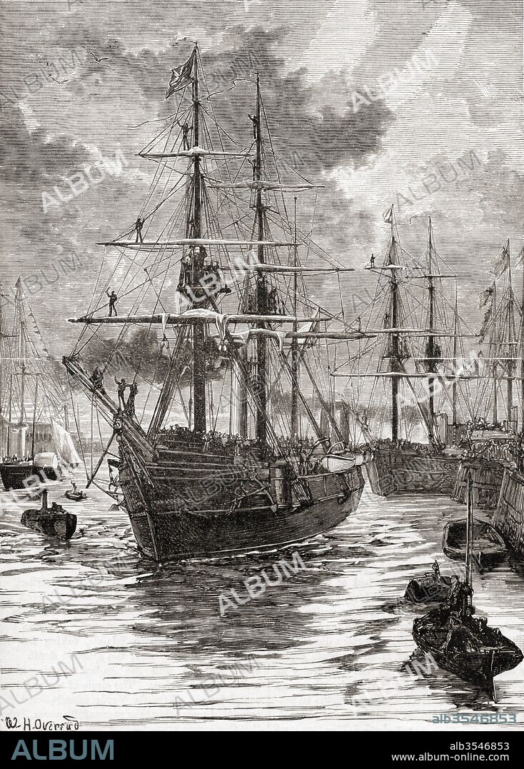 HMS Alert and HMS Discovery departing from Portsmouth, England 29 May 1875, at the start of The British Arctic Expedition of 1875-1876, led by Sir George Strong Nares. From The Century Edition of Cassell's History of England, published c. 1900.